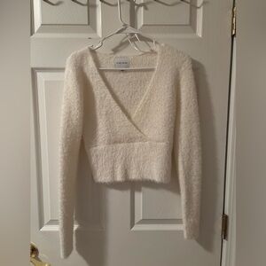 Pink Rose White Fuzzy Sweater
